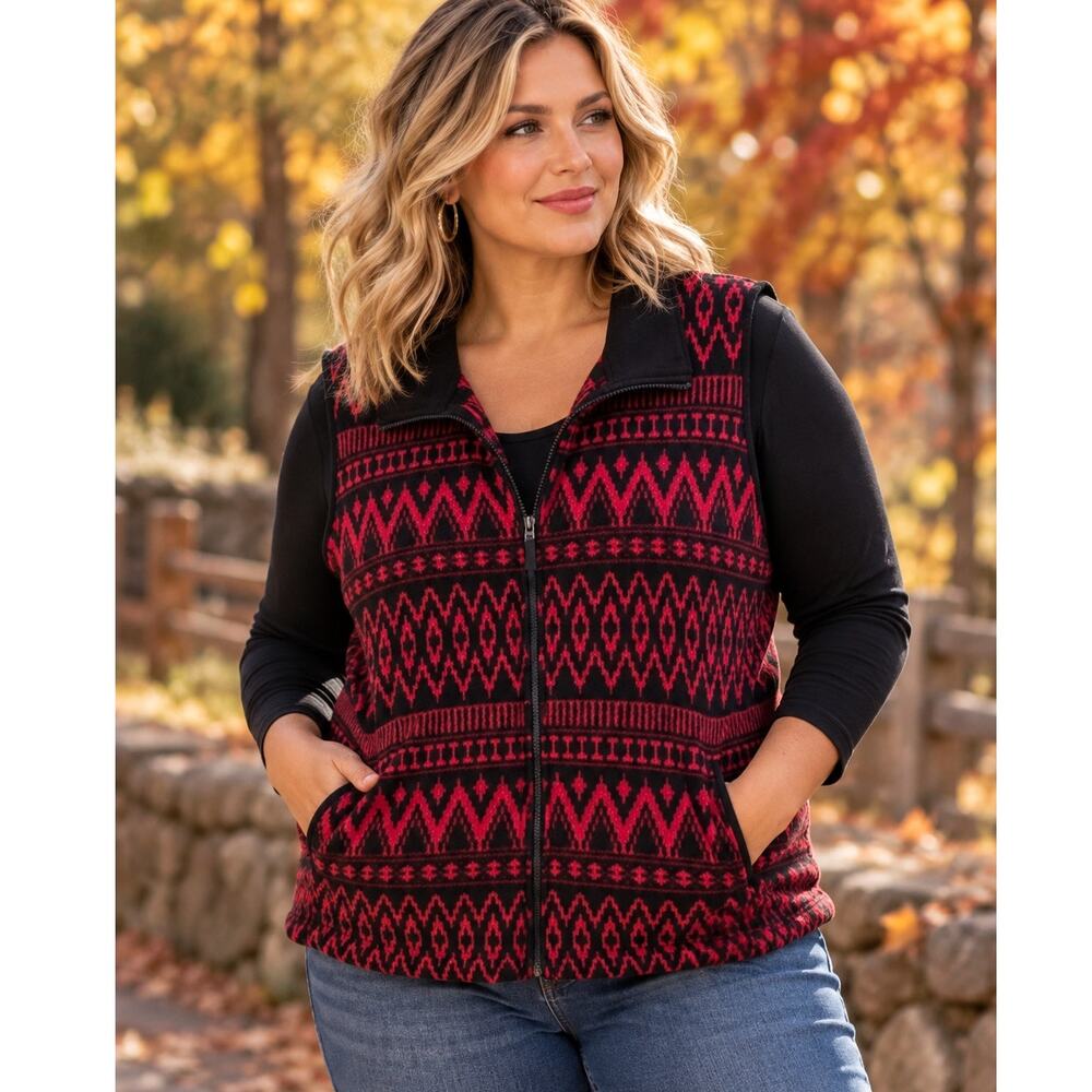 Chaps Fleece Full Zip Vest Womens Size 2X Red Black Southwest Aztec Gorpcore